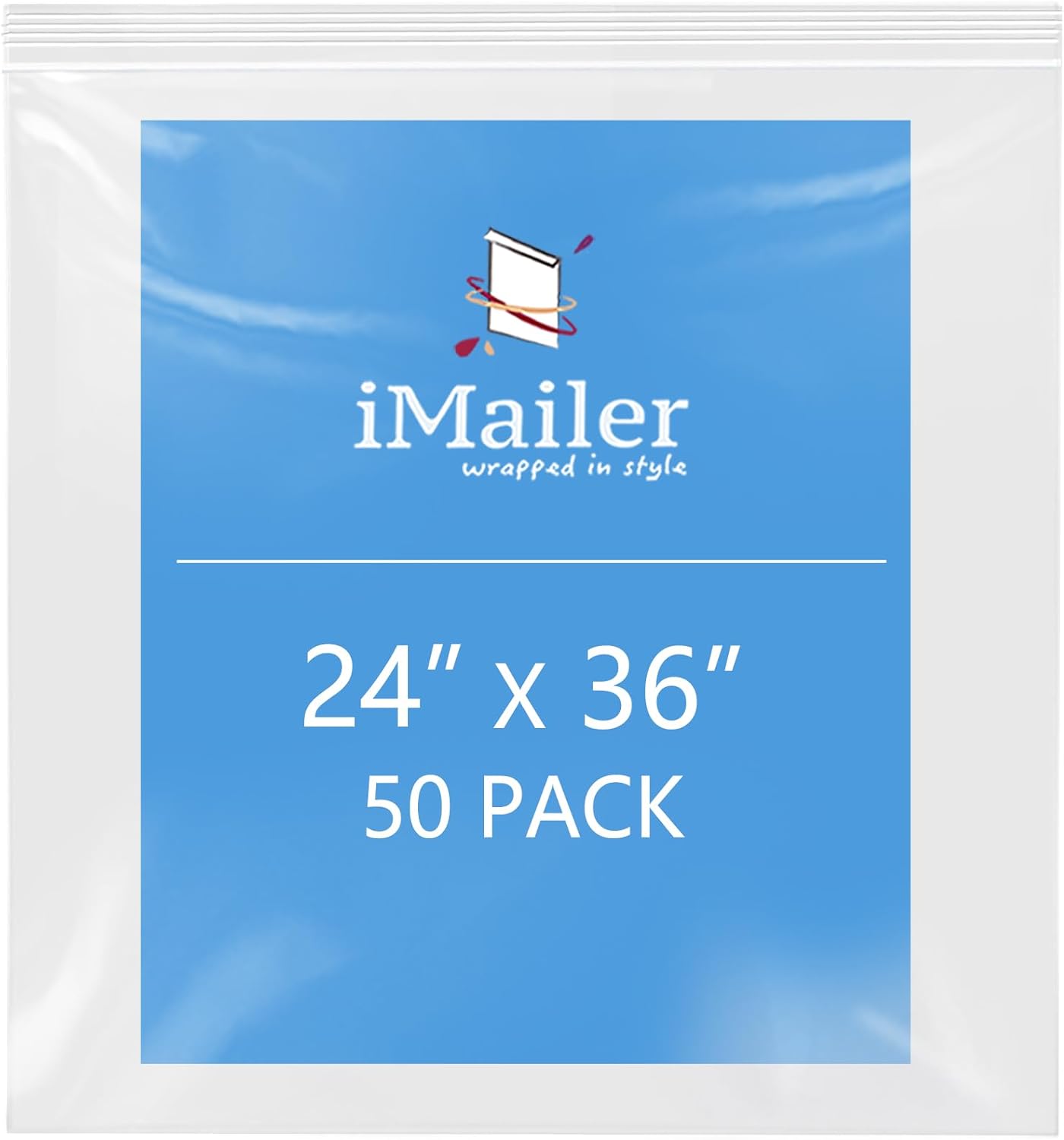 iMailer- 24" x 36" 50 Pack- 2 Mil Resealable Zip Bags- Clear Plastic Bags with Zip Top Lock for Storage, Organizing, Crafts, Travel
