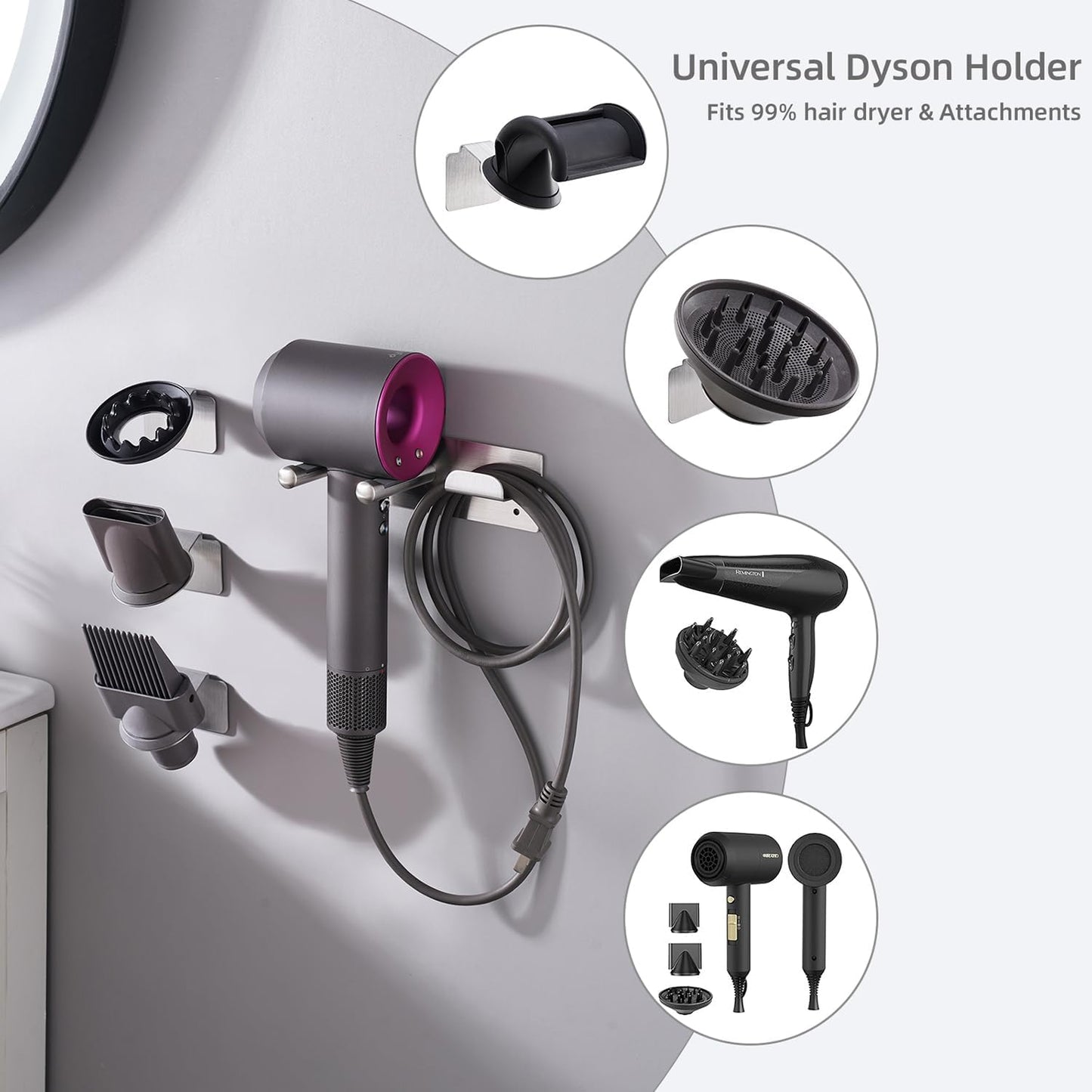 Hair Dryer Holder, Hair Dryer Holder Wall Mount for Supersonic/Nural & Attachments. Stainless Steel Hair Dryer Stand with Magnetic Rings. Hair Tool Organizer for Bathrooms Silver BANJEKT