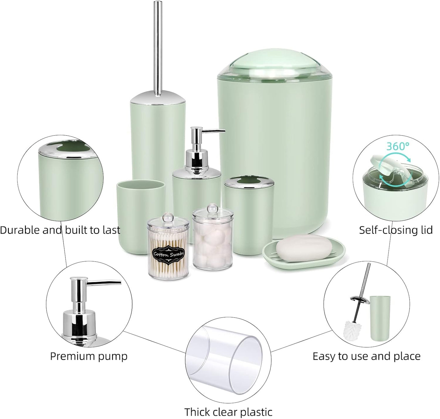 IMAVO Bathroom Accessories Set,Green Bathroom Set,9 Pieces Bathroom Accessory Set,Tray,Qtip Holders,Toilet Brush,Trash Can for Bathroom Décor and Home Gifts