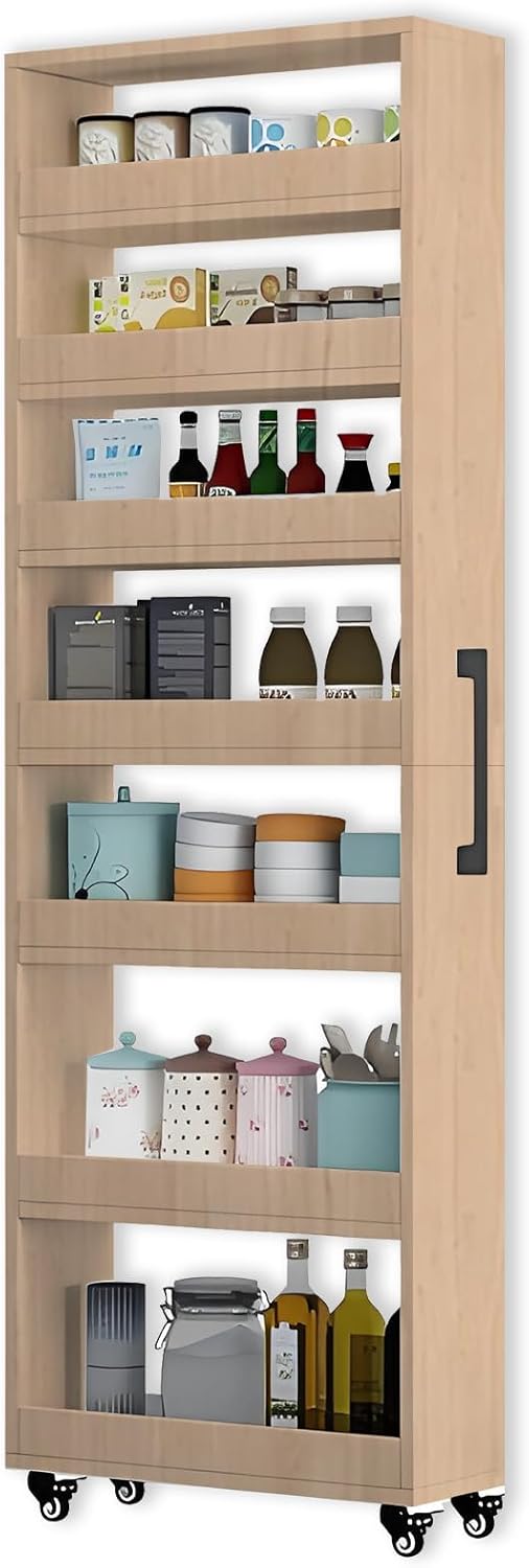 7-Tier Slim Storage Cart, Wooden Rolling Pantry Cabinet with Wheels, Narrow Shelf Organizer for Kitchen, Bakers Rack, Dining Room, Closet, Small Spaces Light Walnut 47.2" H*9.8" W*23.6" D