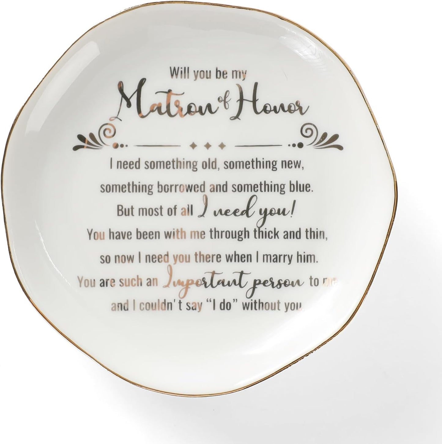 HOME SMILE Matron Of Honor Ring Dish - Will You Be My Matron Of Honor - Jewelry Trinket Dish Tray, Bridesmaid & Bridal Shower Gifts - Proposal Gift For Bestie, White Ceramic