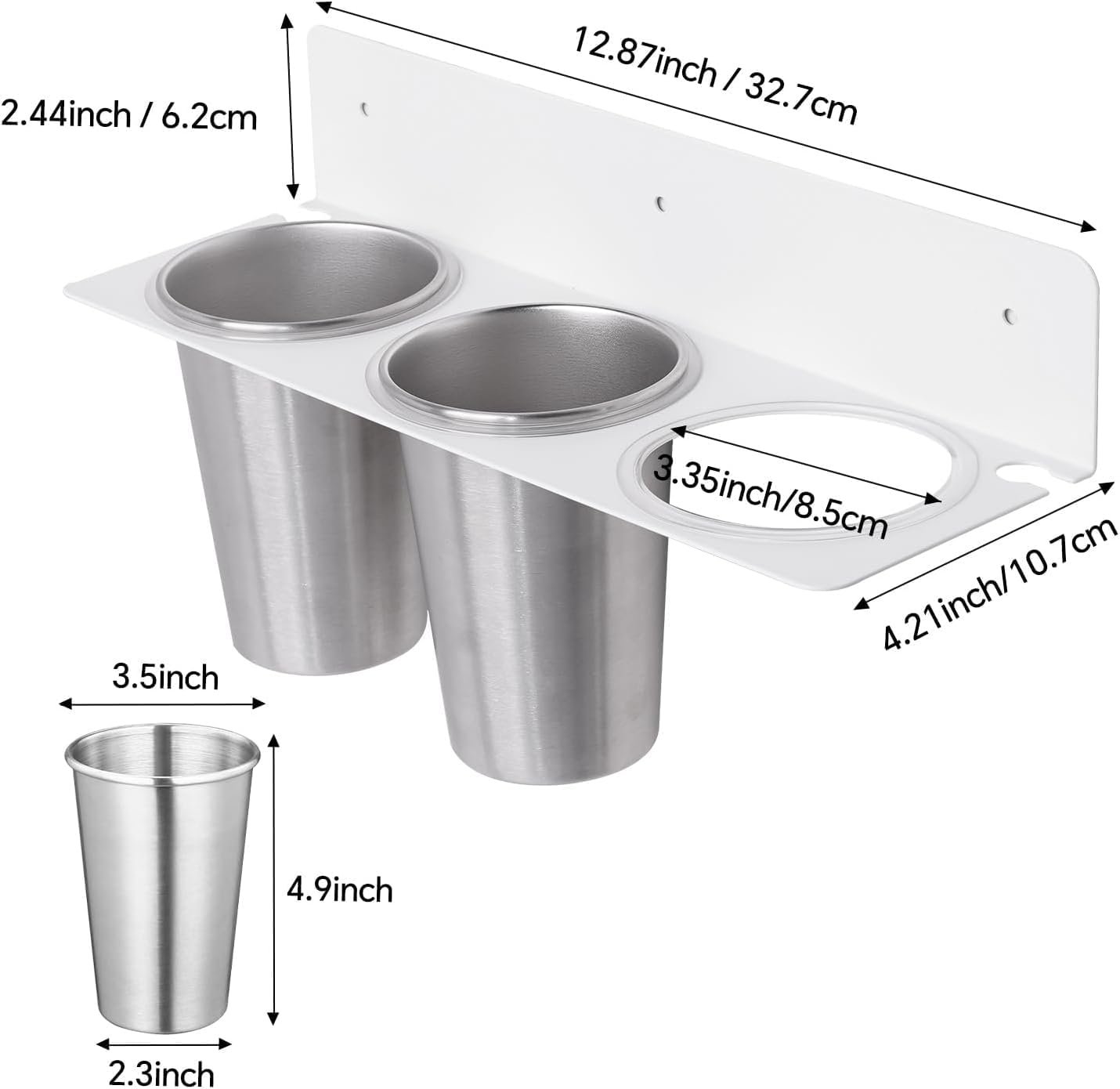 Hair Tool Organizer Wall Mount, Stainless Steel Hair Tool Holder with 2 Heat-Resistant Cups, Curling Iron Holder for Vanity, Hot Tools Organizer with PVC Ring,Hair Dryer Holder for Bathroom