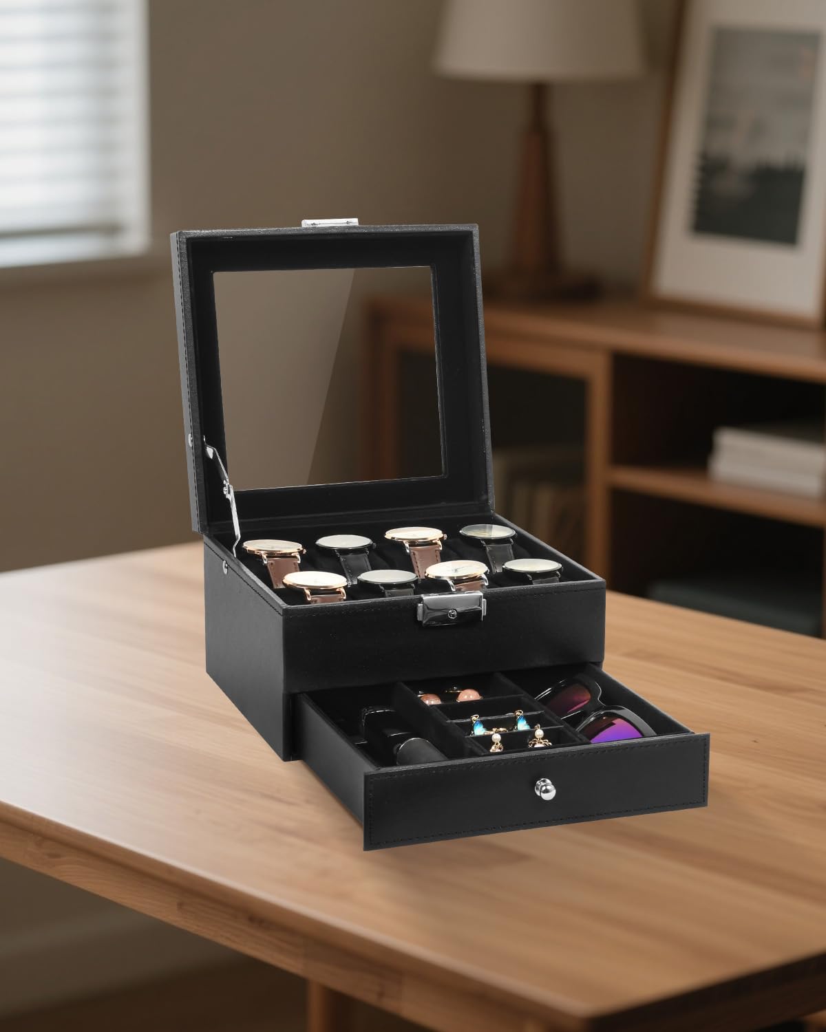 Uten 8-Slot Watch Box, 2-Layers PU Leather Watch Case with Glass Lid, Watch Holder Organizer with Soft Pillow and Velvet Lining, Watch and Jewelry Storage Box, Black