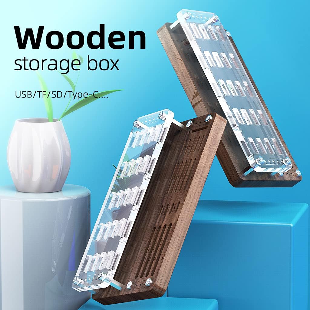 Wooden Memory Card Case for TF, SD, Micro SD Cards and USB Drives - Desk Holder and Carrying Case - AJSNH03MY