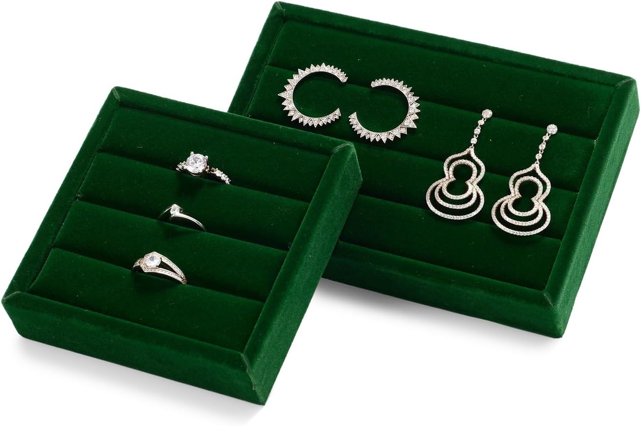 Oirlv 3 Slots Velvet Small Ring Organizer Earrings Trays Showcase Display Storage Insert Holder for Jewelry Box, Drawer, Dresser(Green,S)