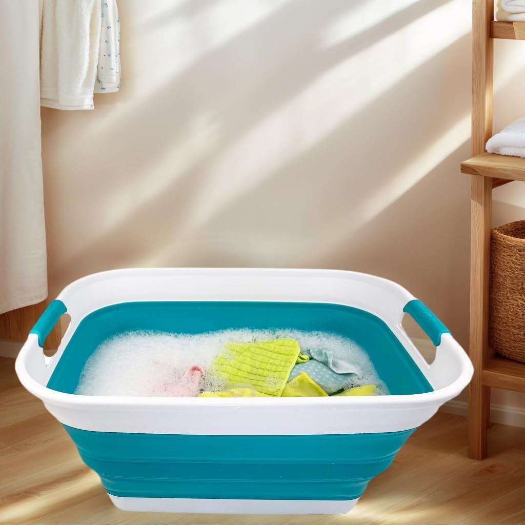 SAMMART 27L (7.1 Gallons) Collapsible Plastic Laundry Basket with Handle-Foldable Pop Up Storage Basket with handle (2, Ceramic Blue+Pale Purple)
