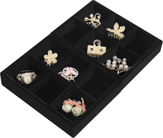DesignSter Small Jewelry Tray-Ring Organizer 2PCS Premium Velvet Rings Earrings Display Tray Storage Insert Holder for Jewelry Box, Drawer, Dresser (6 Grids, Black)