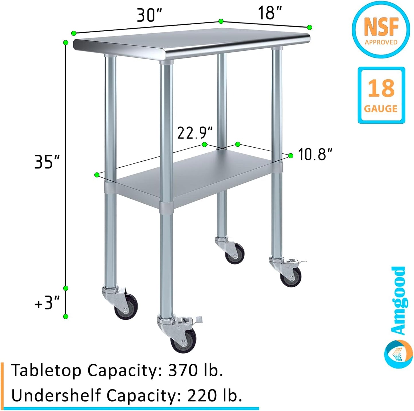 AmGood 30" Long x 18" Deep Stainless Steel Table with Casters