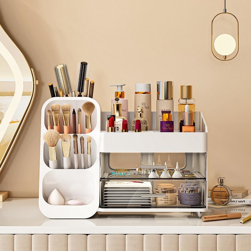 Makeup Organizer with Drawers,Large Capacity Countertop Organizer for Vanity,Bathroom and Bedroom Desk Cosmetics Organizer,Easy To Storage Skincare,Brushes,Lotions,Lipstick (White)