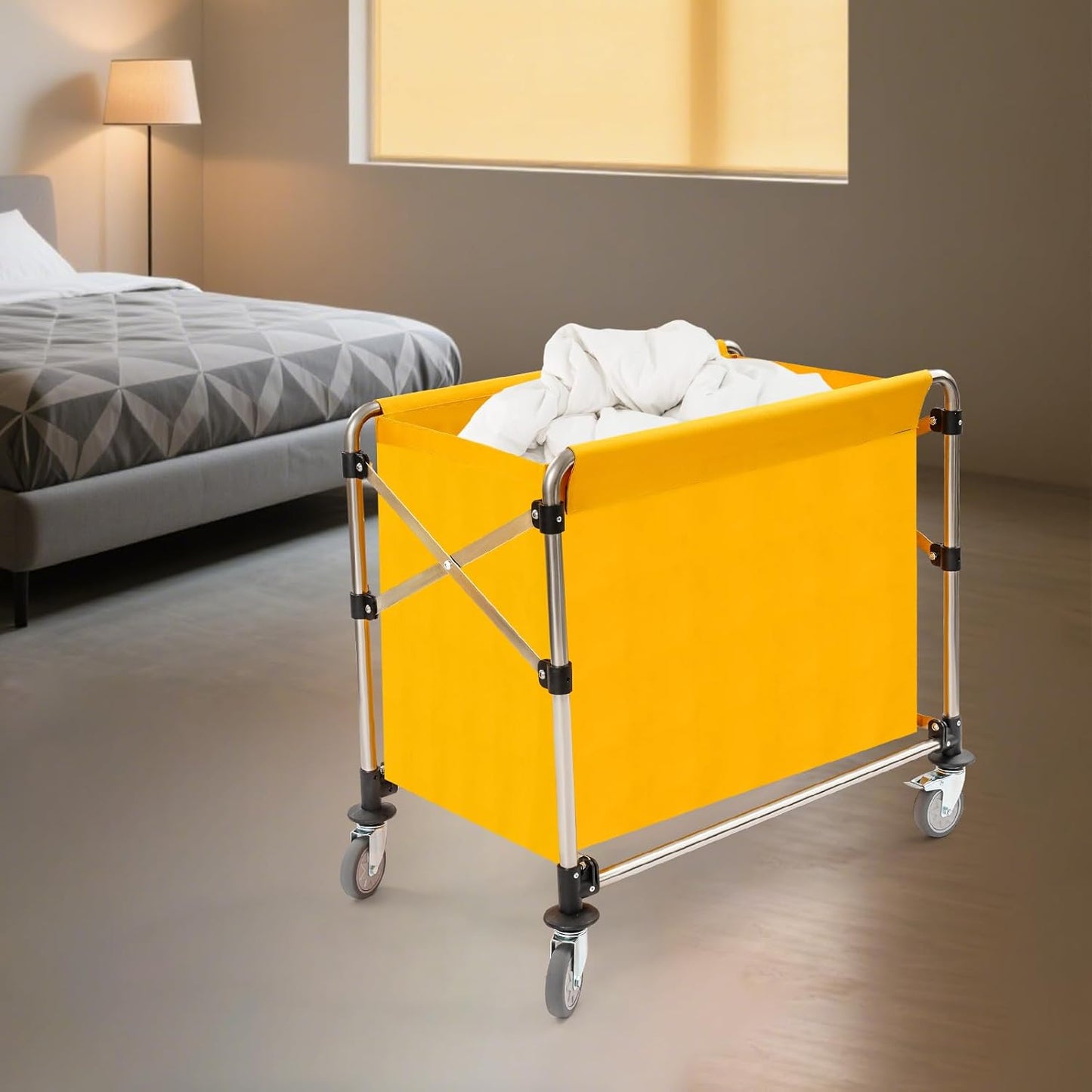 Commercial Laundry Cart with Wheels,Folding Laundry Hamper Cart,Heavy Duty Rolling Laundry Basket with Large Capacity,Laundry Sorter Trolley for Home Hotel Apartment (Yellow, 34.25 * 20.47 * 30.7in)
