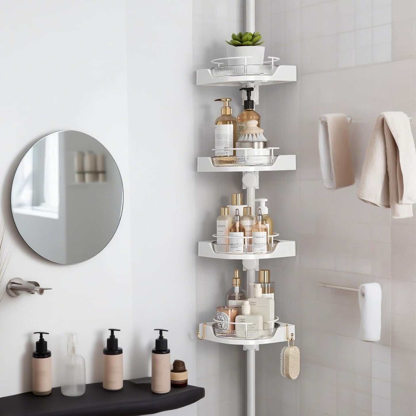 360° Rotating Corner Shower Caddy Tension Pole Organizer - 4-Tier Adjustable Rustproof Metal Pole, Plastic Shelves with Safety Guardrail, Bathroom Storage for Shower & Bathtub(White)
