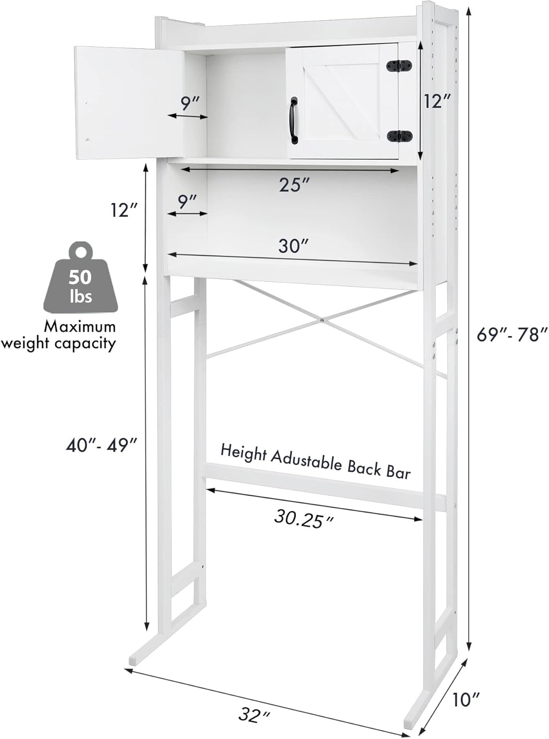 Over The Washer or Over The Toilet Storage Cabinet w/Height Adjustable Shelf Laundry Room/Bathroom Organizer Rack, 2-Door Freestanding Rack Space Saver, White
