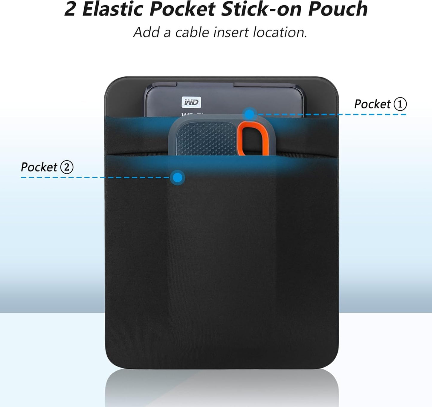Lacdo Portable External Hard Drive Carrying Case, 2-Pocket Stick on Pouch Holder for Laptop, Fit 2.5" Seagate, WD, Toshiba External HDD, SSD, Wireless Mouse,Cable, Sleeve with Reusable Adhesive, Black