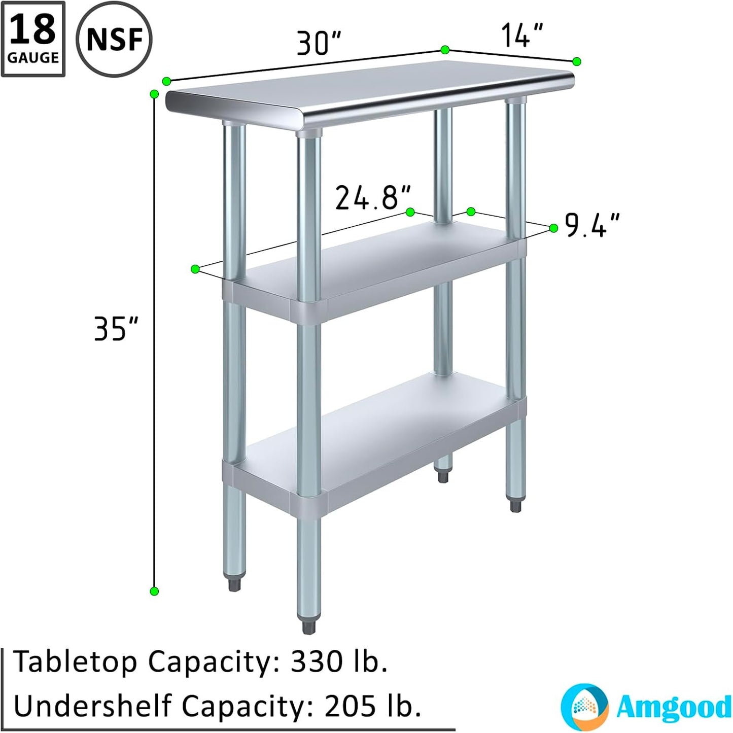 AmGood Stainless Steel Work Table with 2 Shelves | NSF | Metal Utility Table (30" Long x 14" Deep)