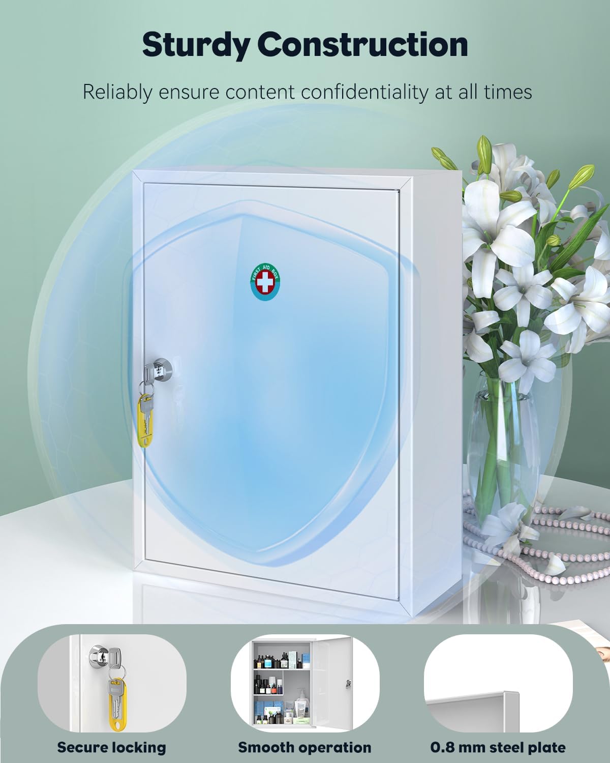 Uniclife Wall Mount Medicine Cabinet with Key Lock, Locking First Aid Cabinet, Lockable Medical Cabinet, Large Capacity Medicine Organizer, Secure Steel Wall Cabinet Metal Storage Box, White