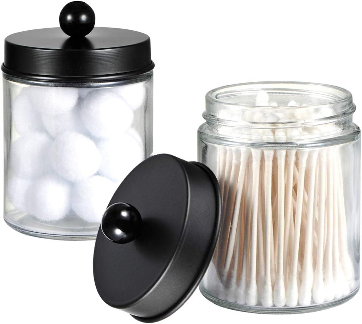 Amolliar 6Pc Apothecary Jars Bathroom Vanity Organizer- Rustic Farmhouse Decor Storage Canister with Stainless Steel Lids- Qtip Dispenser Holder for Q-Tips,Cotton Swabs,Rounds,Ball,Flossers (Black)