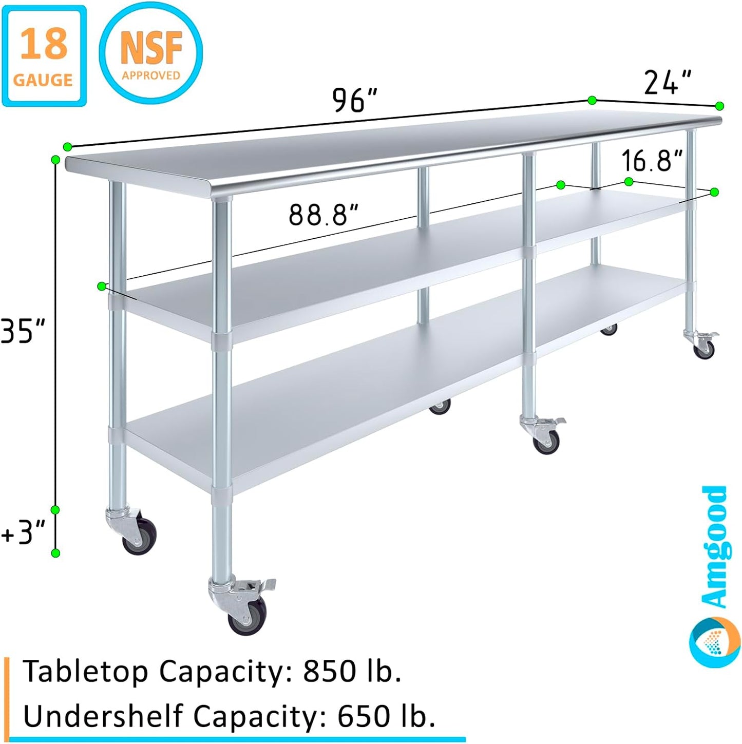 AmGood Stainless Steel Work Table with 2 Shelves and Casters | Metal Utility Table On Wheels (Stainless Steel, 96" Long x 24" Deep)