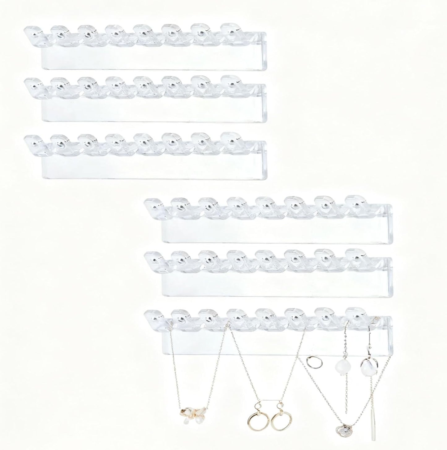 6 Pack Acrylic Necklace Hanger Wall Mounted Necklace Organizer Hanging Jewelry Organizer with 48Hooks for Necklaces, Earrings and Bracelets