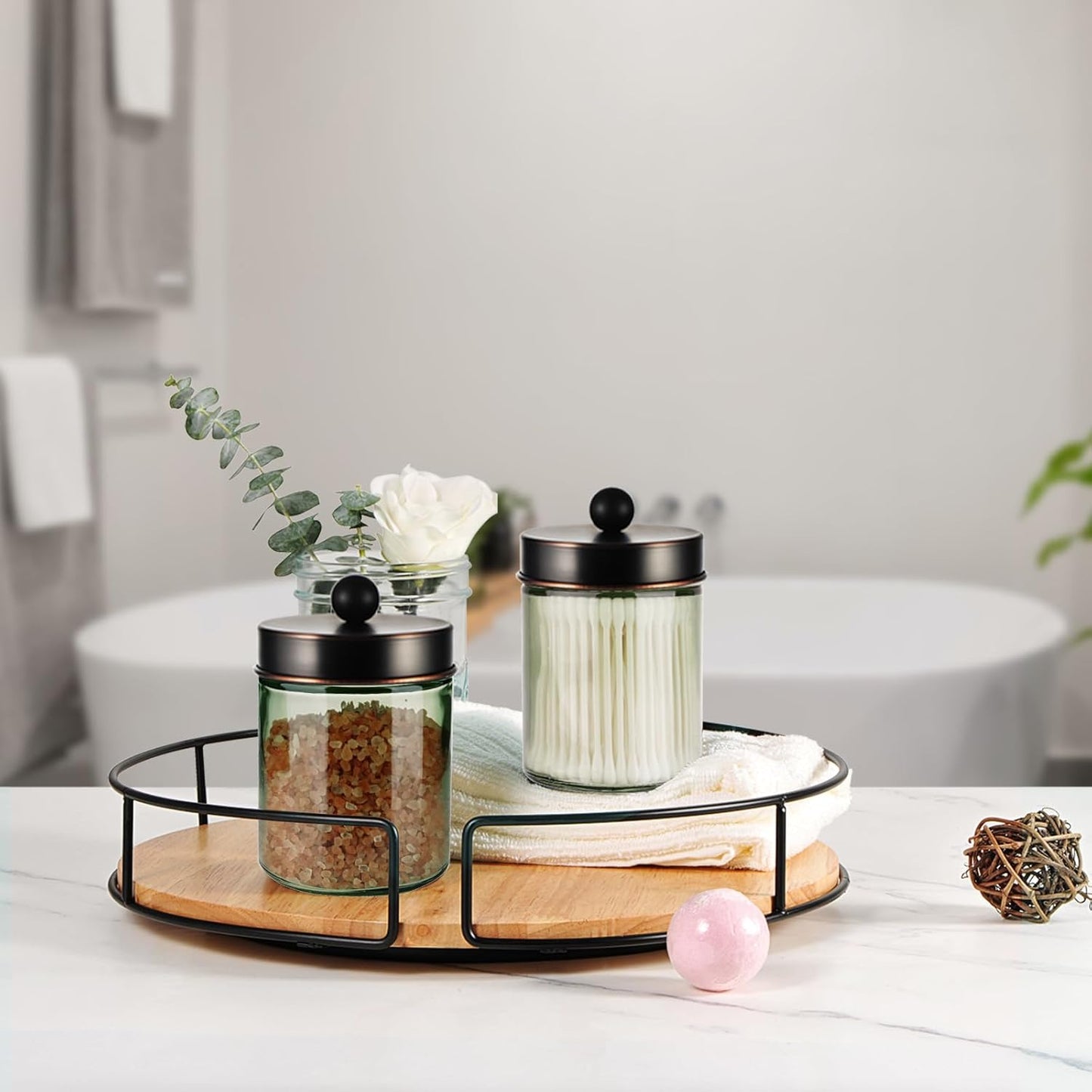 Amolliar Sage Green Apothecary Glass Jar With Metal Lid & Stickers, Bathroom Qtip Holder Storage Canister, Farmhouse Decor for Cotton Balls, Cotton Swabs, Makeup Pads, Bath Salt, Floss, ORB 2 Pack