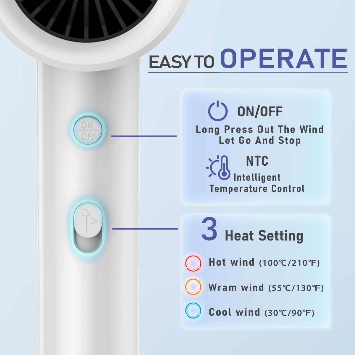 Hotel Wall Mount Hair Dryer for Bathroom with Night Light, 110V, Quiet, Overheat Protection, Negative Ion Technology
