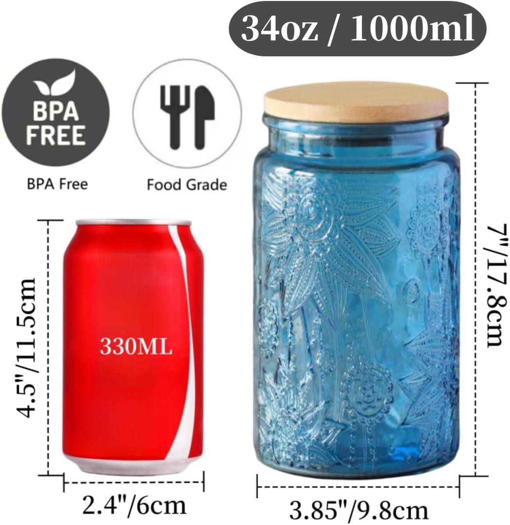 ANSQU 4-Pack Vintage Glass Jars with Airtight Lids, 34oz Glass Food Storage Containers for Kitchen Pantry Coffee, Tea, Candy, Cookie, Decorative Mason Jar (Blue&Green)
