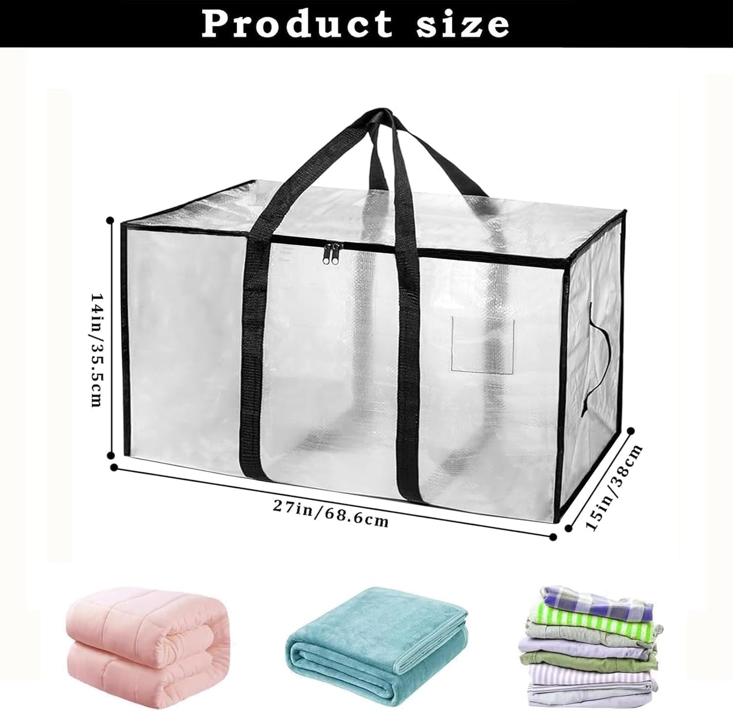 12 Pack-Extra Large Heavy Duty Moving Bags - Waterproof Storage Totes with Handles & Zippers, Foldable for College Dorm, Storage (Clear)