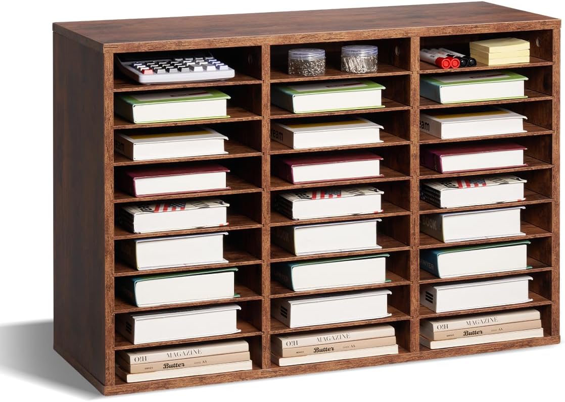VEVOR Literature Organizer, 27 Compartments Office Mailbox with Removable Shelves, Wood Mailbox Sorter Particle Board Office Home Classroom Storage, File Sorter for File, Document, Paper, Dark Brown