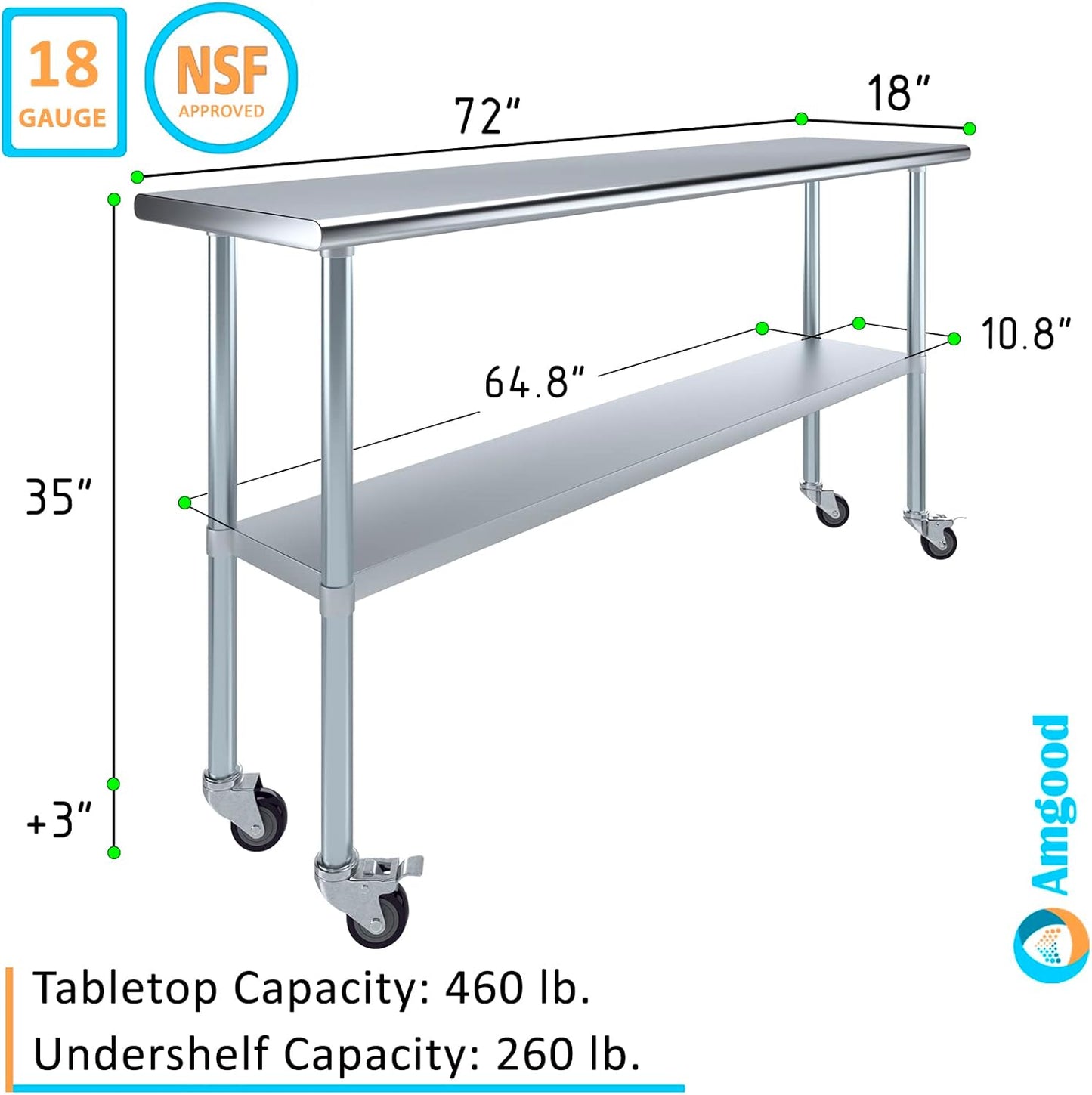 AmGood 18" x 72" Stainless Steel Work Table with Casters | Heavy Duty Metal Utility Table On Wheels | Kitchen Island Cart