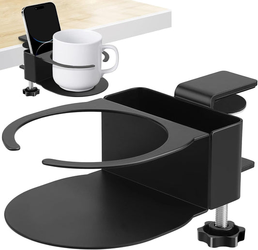 Desk Cup Holder for Coffee Mugs, Tumblers, Water Bottles with Mobile Phone Stand, Anti-Spill Metal School Home Office Accessories (Black-1)