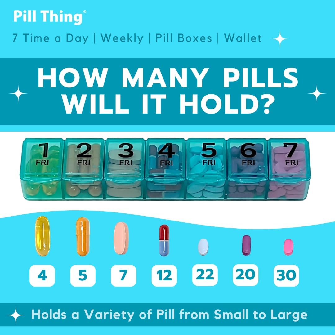 Weekly Pill Organizer Case, 7 Compartments, Pebble Grain Faux Leather, Magnetic Snap, Medication Schedule Card (7X a Day Weekly with Wallet)