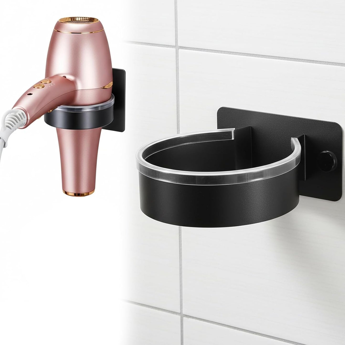 Dryer Holder Wall Mounted, Adhesive Stainless Steel Blow Dryer Stand Hair Tool Hairdryer Storage Organizer Hanger for Bathroom Cabinet Door Barber Shop (Black)
