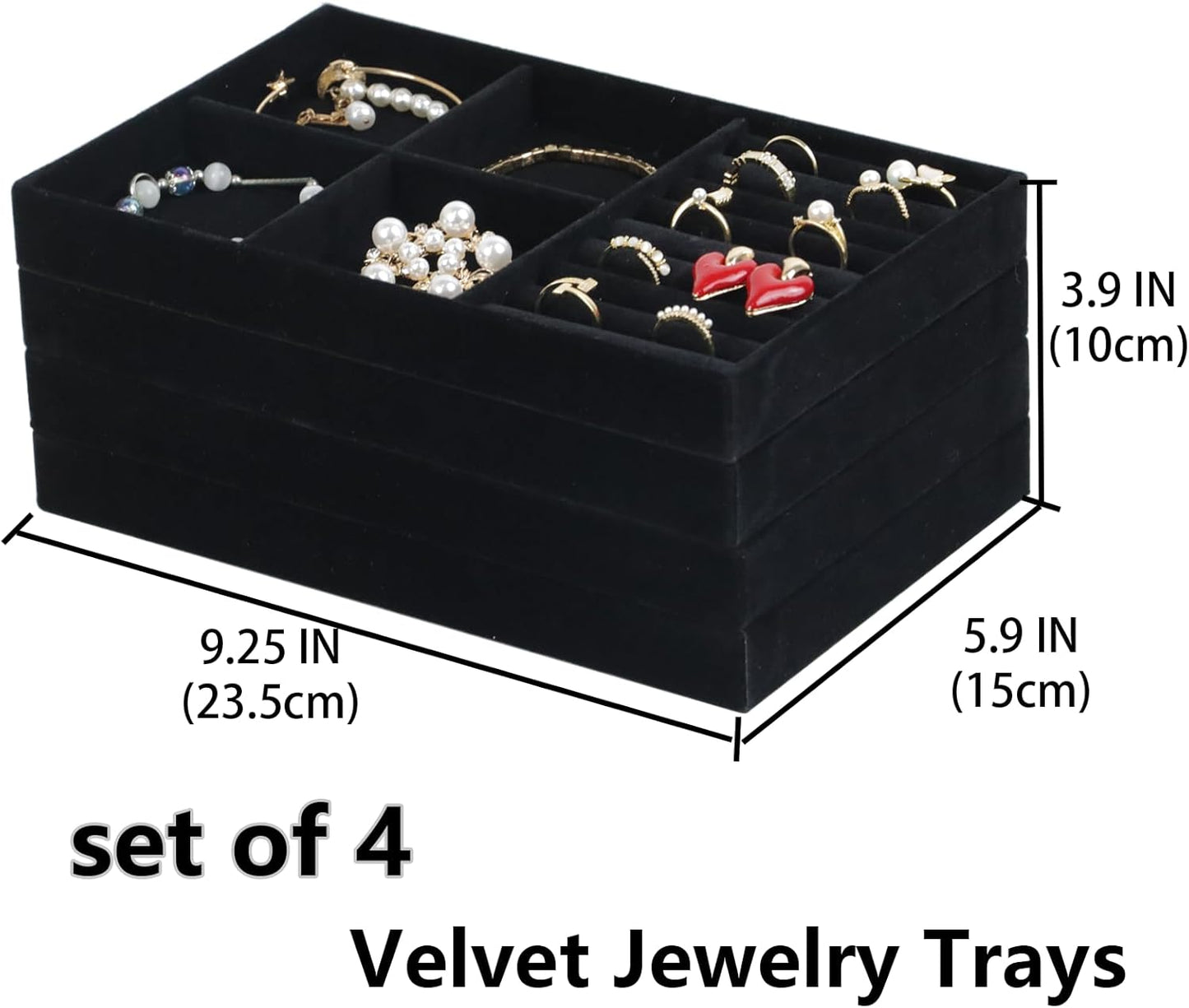 Set of 4 Stackable Jewelry Trays Organizer, Velvet Earring Organizer, Jewelry Organizer Showcase Display Drawer Organizer Storage, Earring Holder Necklace Bracelet Ring Accessary Organizers (Black)