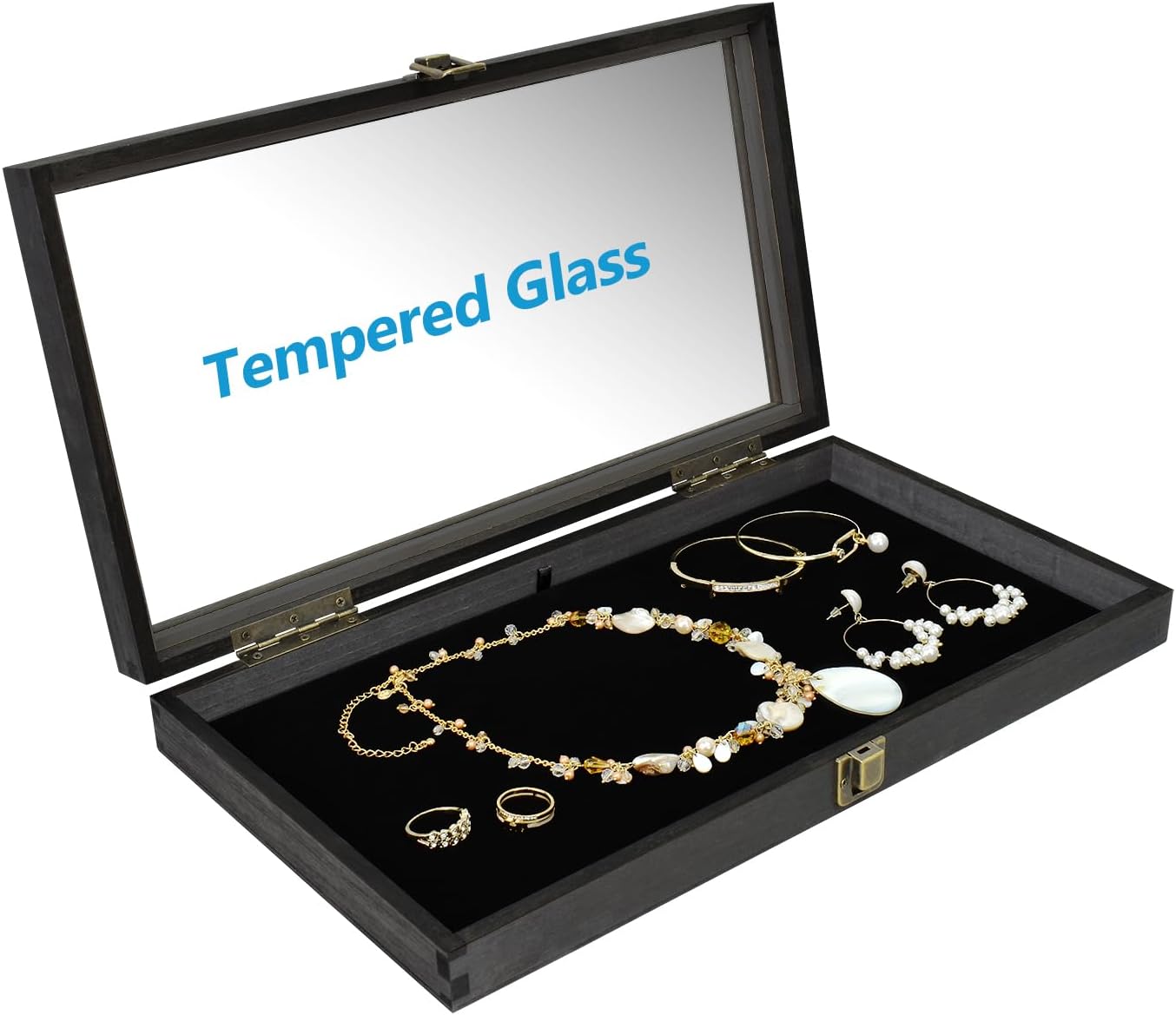 MOOCA 2 Pcs Wooden Jewelry Display Case, Pocket Knife Display Case with Tempered Glass Top Lid and Removable Black Luxurious MDF Velvet Jewelry Pad, Black Color