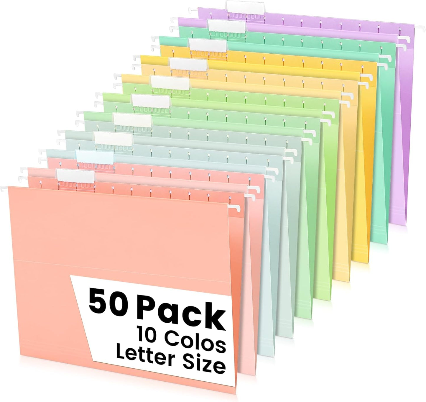 50-Pack Pastel Hanging File Folders, Letter Size with 55 Transparent Label Cards, 60 Sticker Labels,1/5-Cut Tabs–Home Office & Filing Cabinets