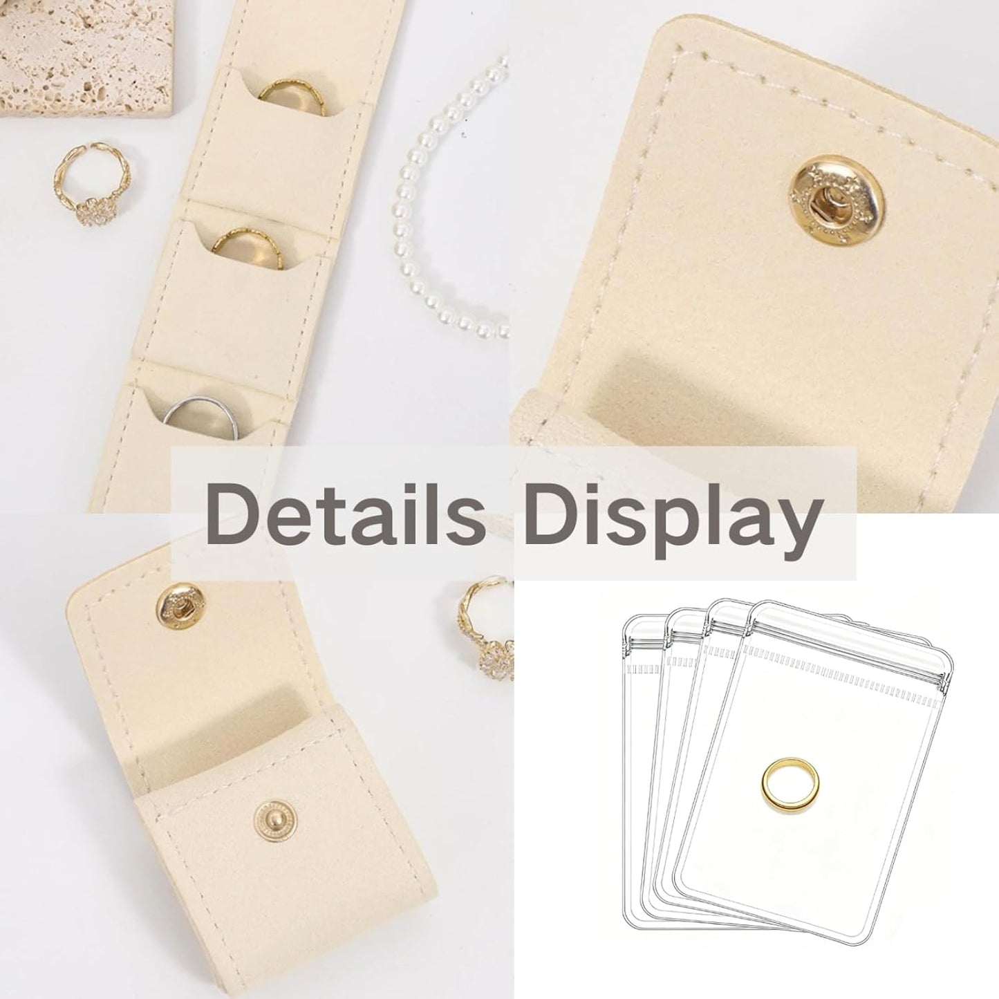 Mini Travel Jewelry Bag,Mini Jewelry Pouch,Protable travel Jewelry Storage Organizer Case,Small Jewelry Storage Roll with Buckle for Earrings,Rings,Necklaces (Pink+Gray+Off-white, 3Pcs)