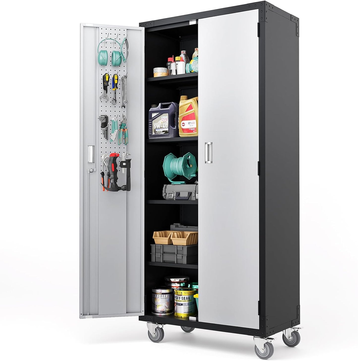 VINGLI 72'' Tall Garage Storage Cabinet, Metal Storage Cabinet with Wheels, Locking Doors and Adjustable Shelves (Black & Silver, 32''W x 16''D x 72''H)
