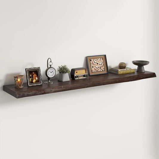 Live Edge Elm Floating Shelves For Wall - 55" W x 9.3" D Rustic Solid Long Wood Shelves with Invisible Bracket, Wall-Mounted Storage & Display Shelf for Living Room Bedroom Kitchen, Set of 2, Walnut