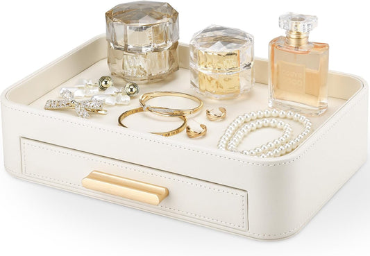 GORESE PU Leather Valet Tray with Drawer, Nightstand Organizer Catch All Tray for Jewelry Perfume Purse Trinket Key Holder, EDC Trays for Desk Vanity Entryway Table, Gift for Women Men, Cream White