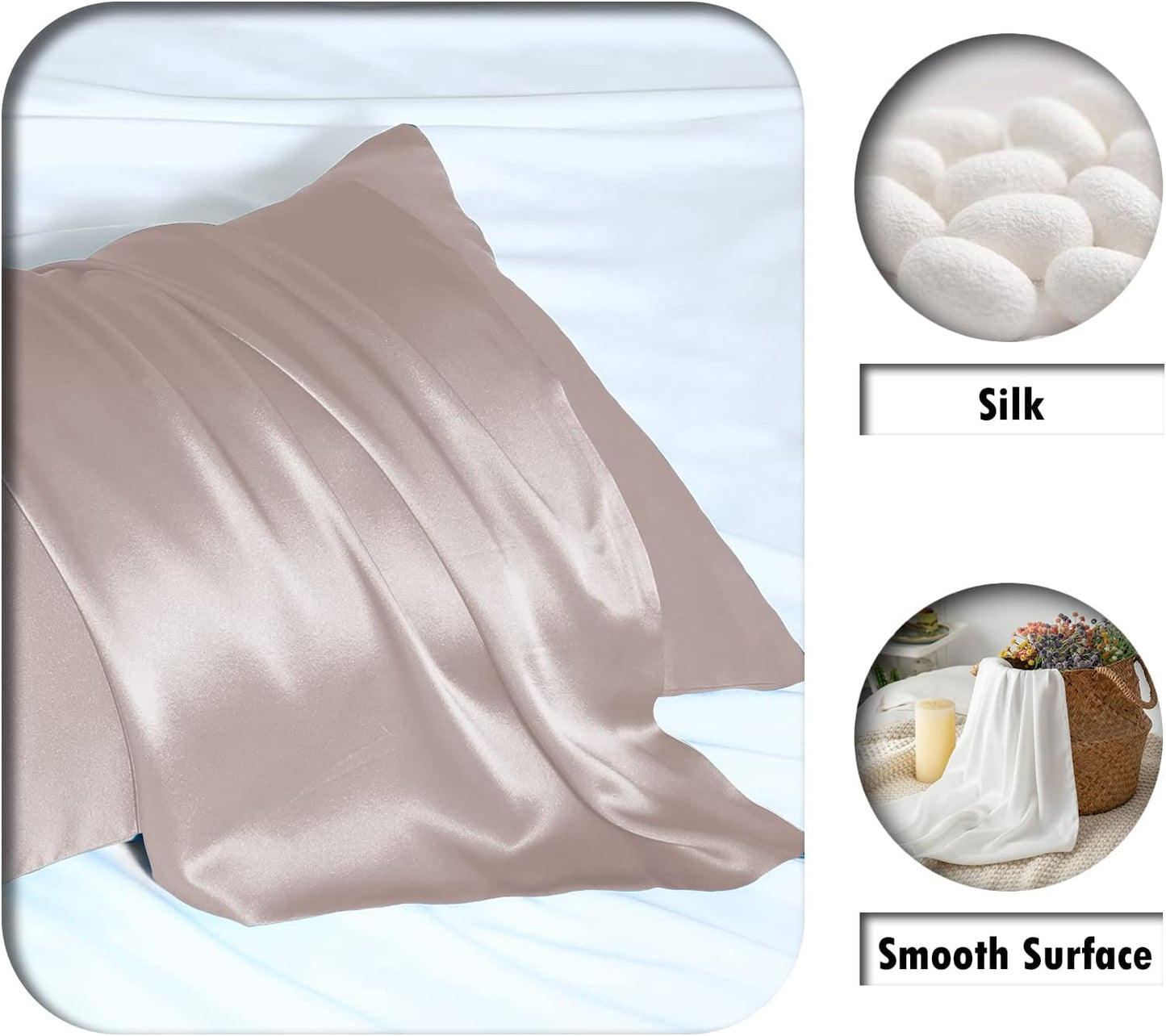 Natural Mulberry Silk Pillowcase for Hair and Skin Queen Size 20"X30" Silk Pillow Case with Hidden Zipper Soft Breathable Smooth Cooling Silk Pillow Covers for Sleeping(Apricot Gray,Queen,1Pcs)