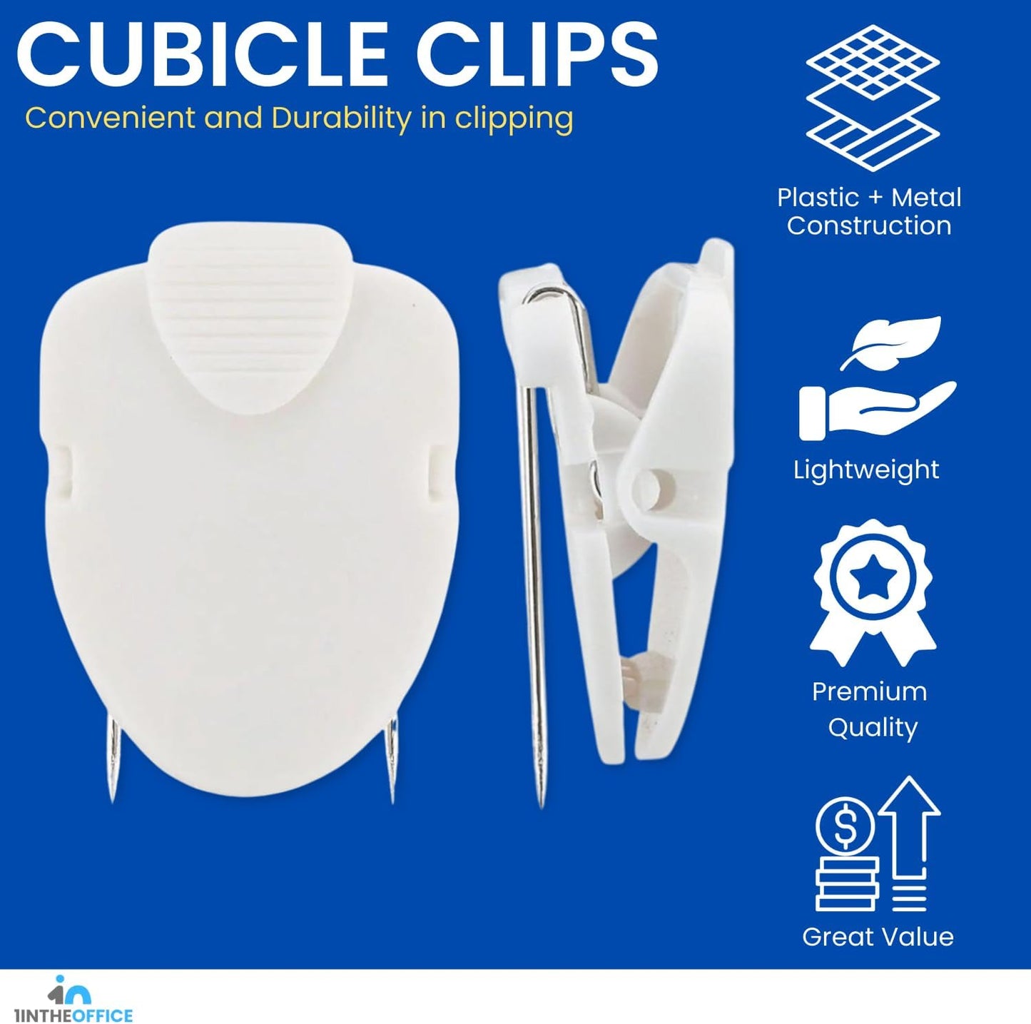 1InTheOffice Cubicle Clips, White Cubicle Pins, Office Clips, Wall Clip for Fabric Panels, (12 Pack)