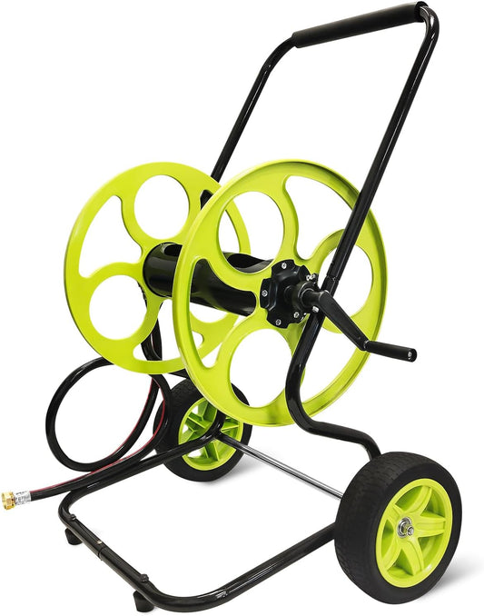 Stainless Steel Garden Hose Reel Cart - Heavy Duty, 10" Rubber Wheels, Holds 400 Feet of 5/8" Hose, For Yard/Lawn (With 5 FT Hose included)