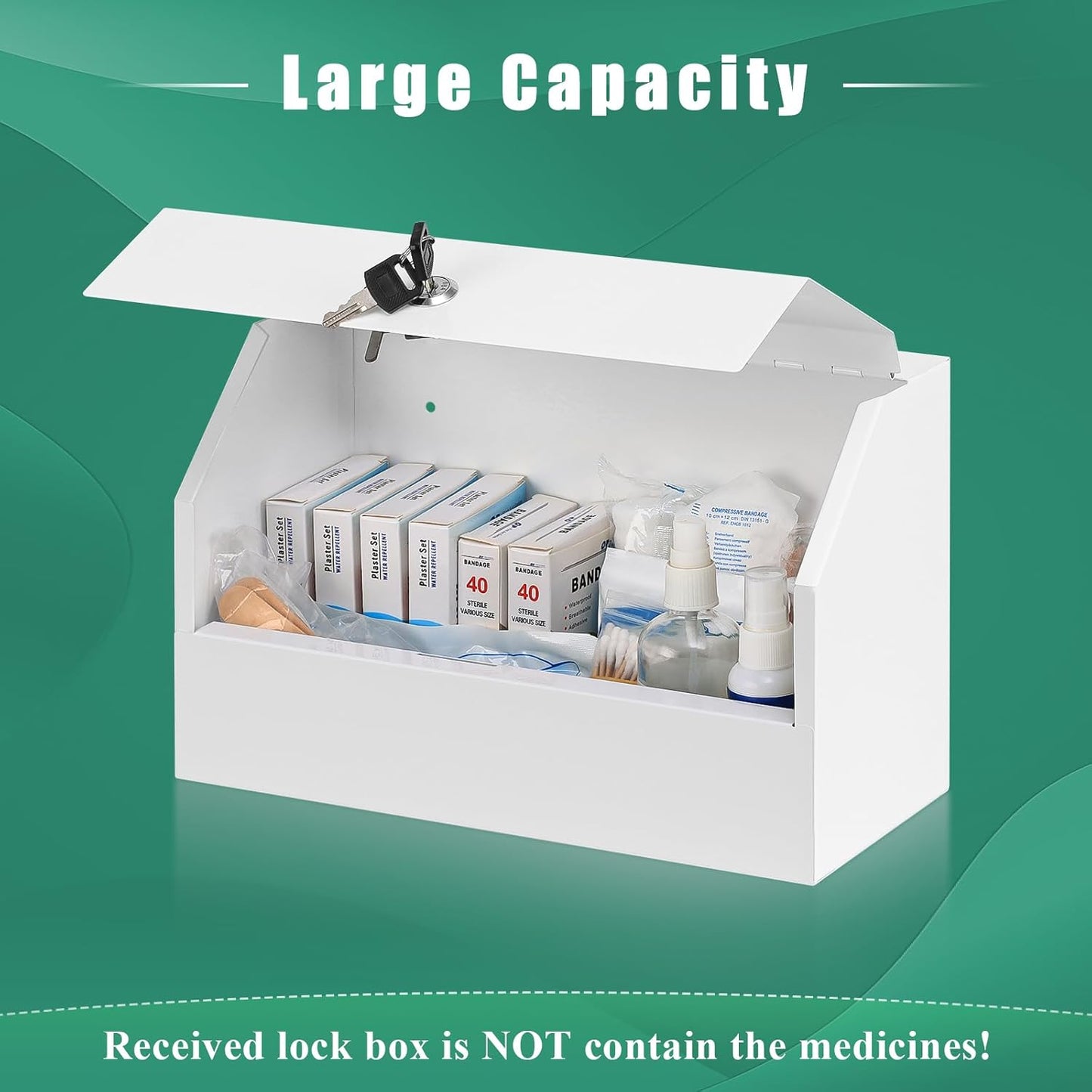 KYODOLED Wall Mount Medicine Lock Box, Drug Cabinet with Key, Large Capacity Secure Steel Prescription, First Aid Kit for Emergencies Home and School use, White, 12.2 * 5.9 * 7.87 inch