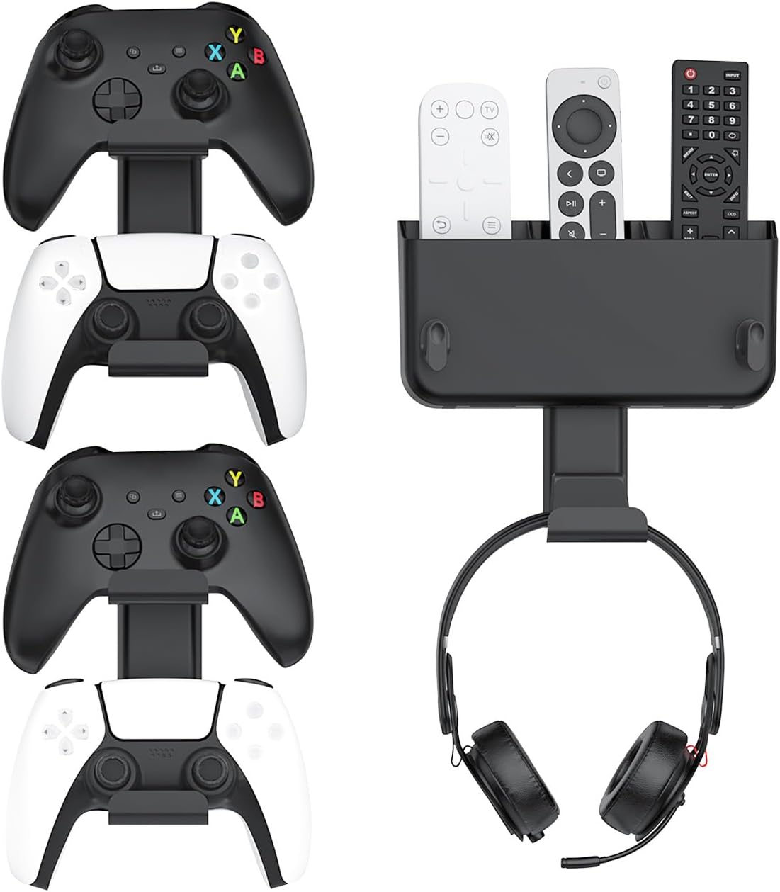 Controller & Headset & Remote Holder Wall Mount with No Drill, 2 Packs Gaming 4 Controllers Hanger Hook Mount for PS5/PS4/XBOX/Switch, Headphone Stand & Remote Control Holer Wall Shelf with Adhesives