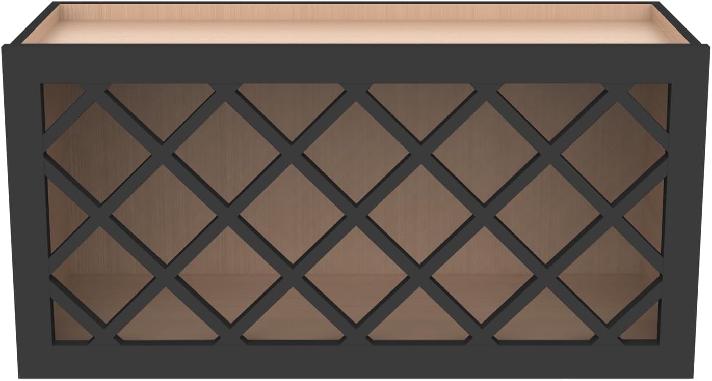 Solid Wood RTA Wine Bottle Rack Wall Cabinet with Lattice Panels - Wine Storage for Bar, Pantry, Cellar & Countertop - Mocha (Charcoal Black, 36'W 12'D 15'H)