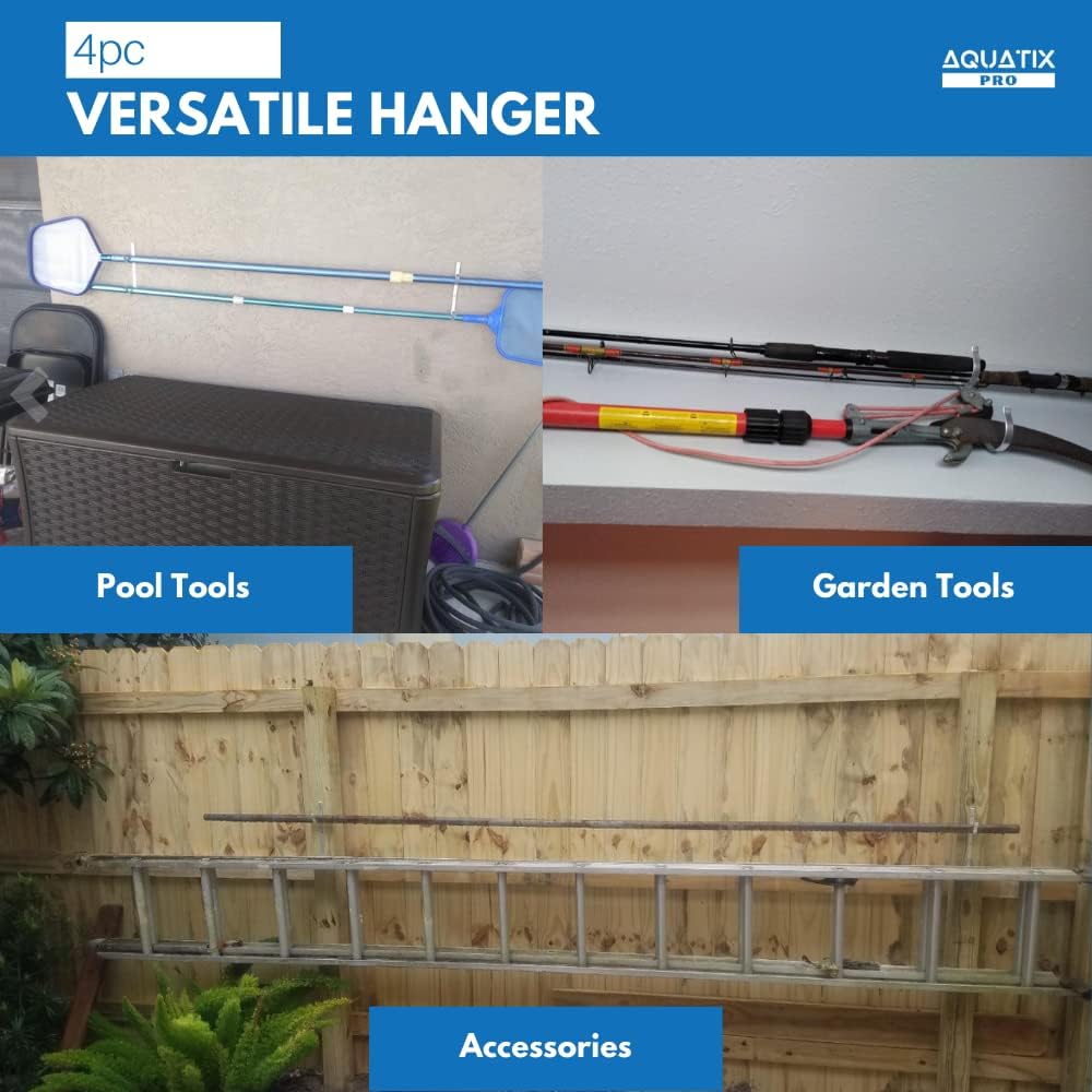 Aquatix Pro Pool Pole Hanger Premium 4pc Aluminium Holder Set, Ideal Hooks for Telescopic Poles, Skimmers, Leaf Rakes, Nets, Brushes, Vacuum Hose, Garden Tools and Swimming Pool Accessories