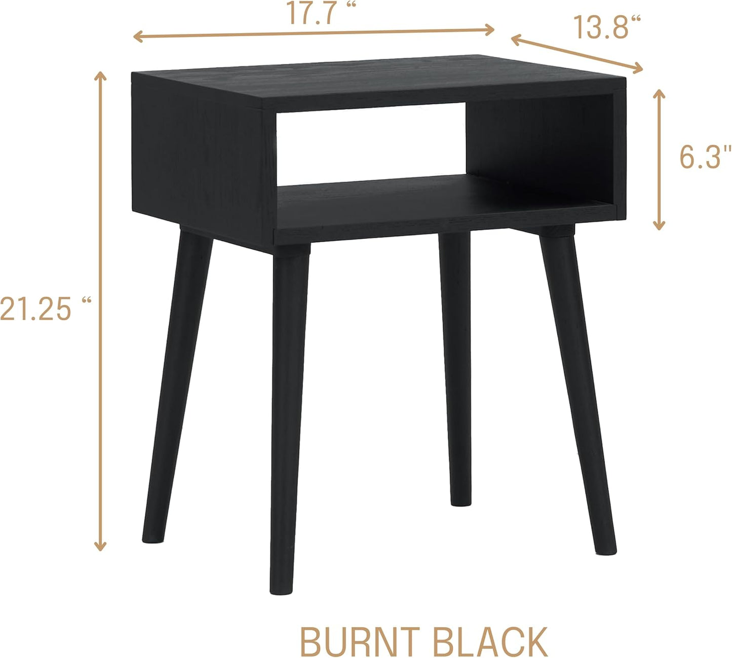 NTC Solid Oak Zoe Nightstand, Mid Century Modern Side Table Bedroom, Bedside Furniture, Night Stand, End Table, Easy Assembly - Burnt Black