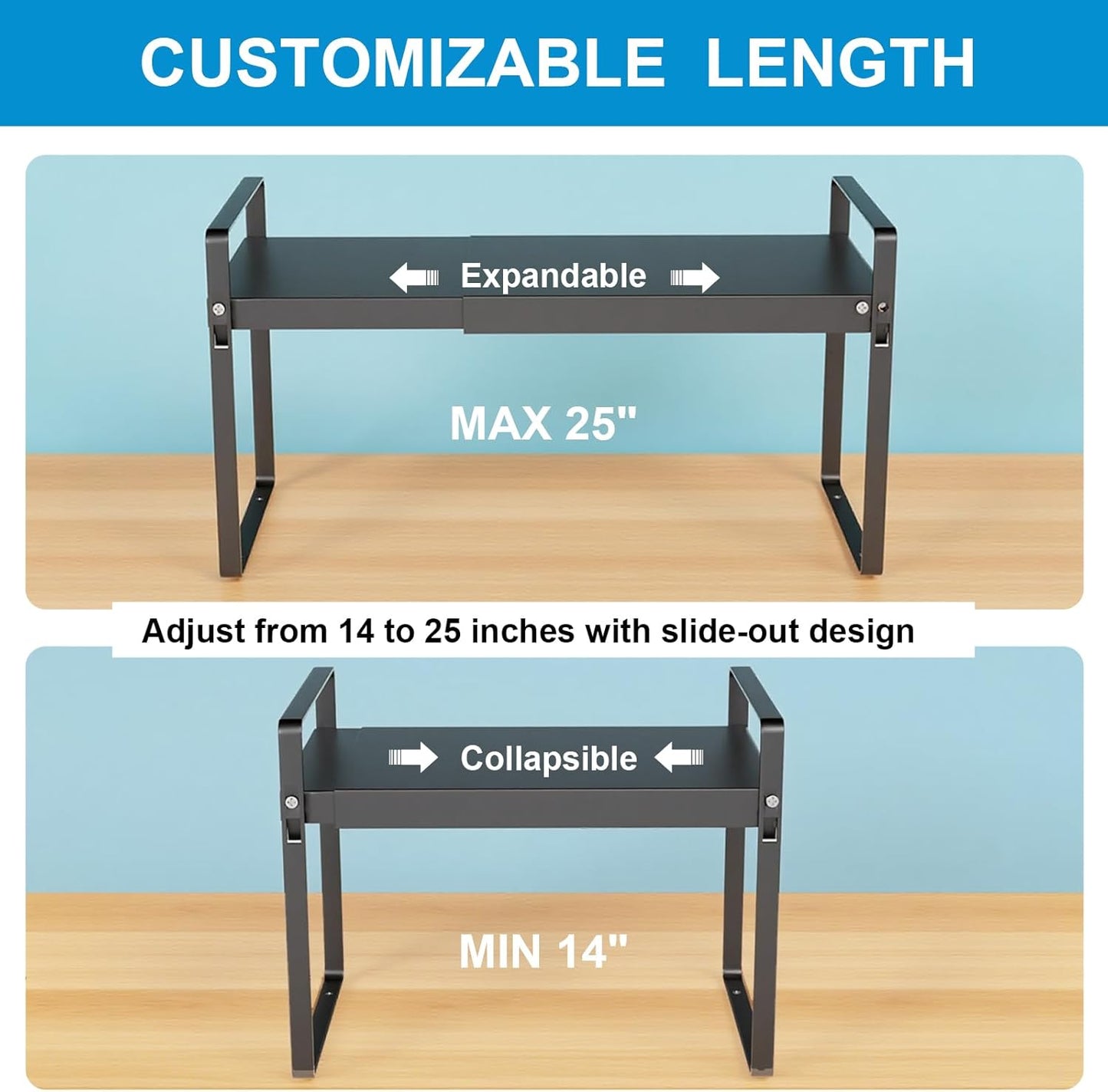 Expandable Cabinet Shelf Organizer 14-25 Inch Adjustable Length, 11" Wide 2-Tier (8" Bottom Layer) Metal Storage Rack for Kitchen Pantry, Under Sink Countertop - Heavy Duty Black(2 Pack)