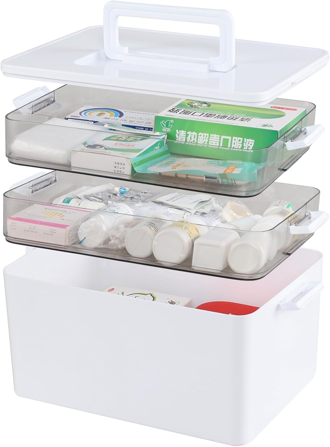 Ramddy 3-Tier Medicine Storage Box, Plastic Family First Aid Box with Handle, White, 1-Pack