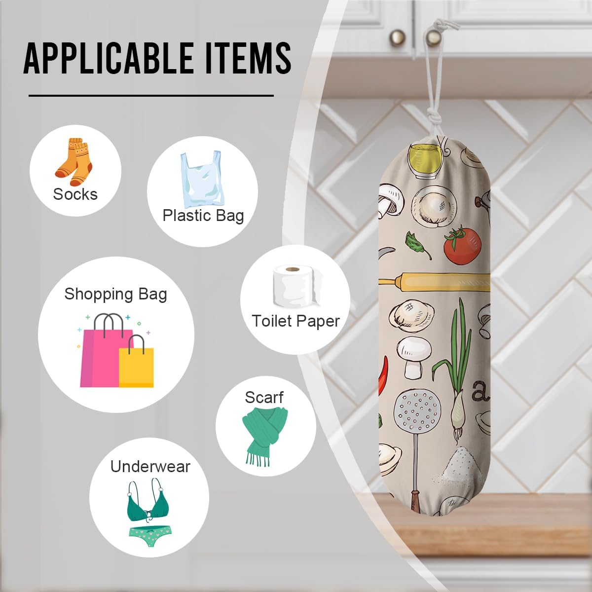 Kitchen Print Plastic Bag Holder, Wall Mount Plastic Bags Organizer, Pantry Organization, Reusable Shopping Bags Holder Dispenser for Kitchen, Housewarming Gift,Pattern Garbage Bag 61