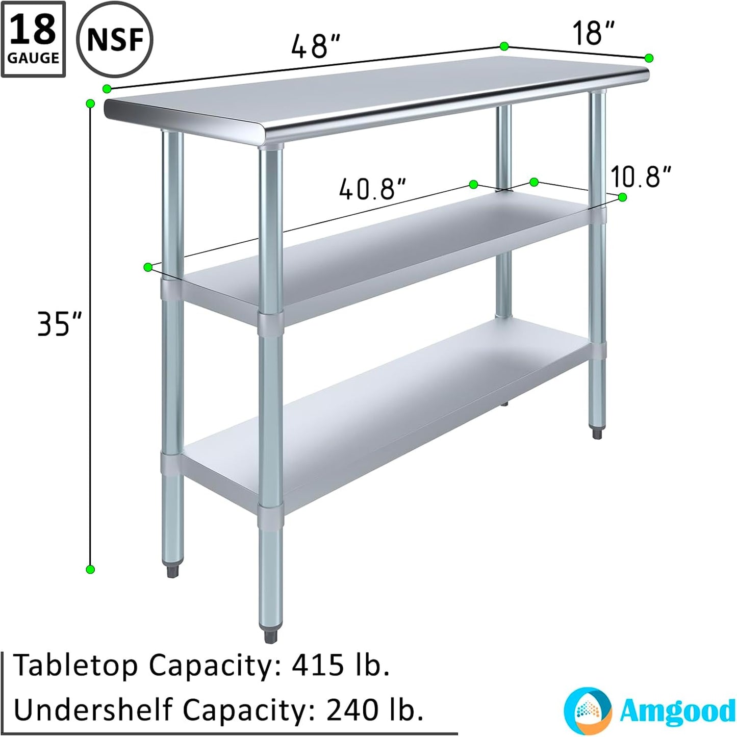 AmGood Stainless Steel Work Table with 2 Shelves | NSF | Metal Utility Table (48" Long x 18" Deep)